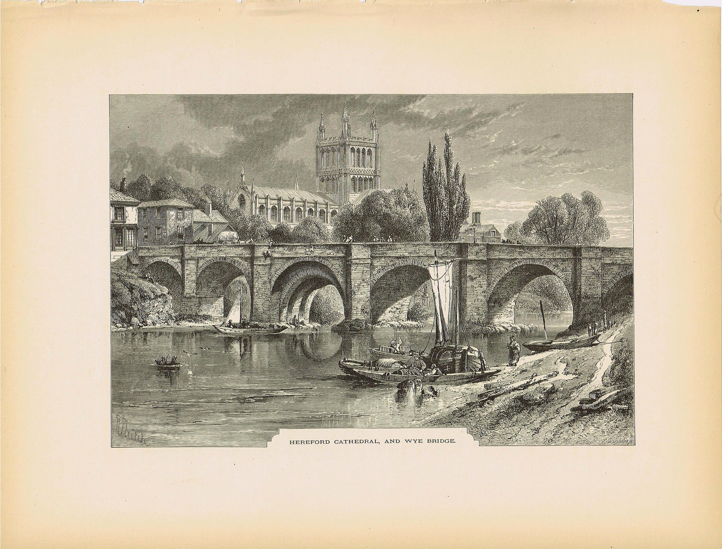 Genuine-Antique-Print-Hereford-Cathedral-and-Wye-Bridge-England--1875-Picturesque-Europe-Maps-Of-Antiquity