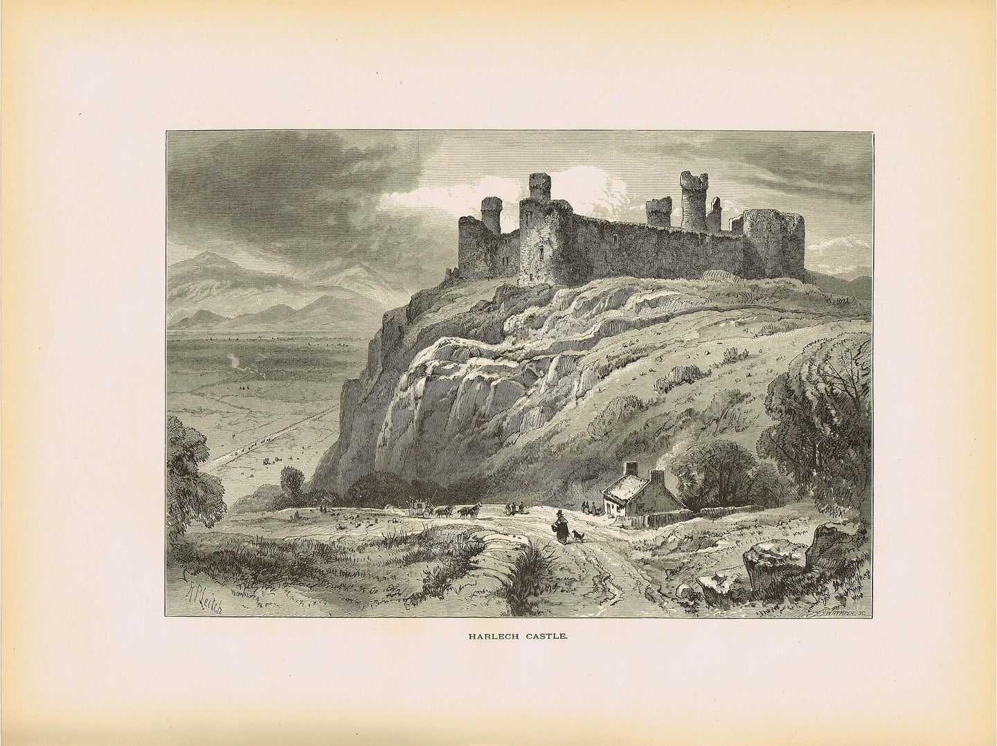 Genuine-Antique-Print-Harlech-Castle-Wales--1875-Picturesque-Europe-Maps-Of-Antiquity