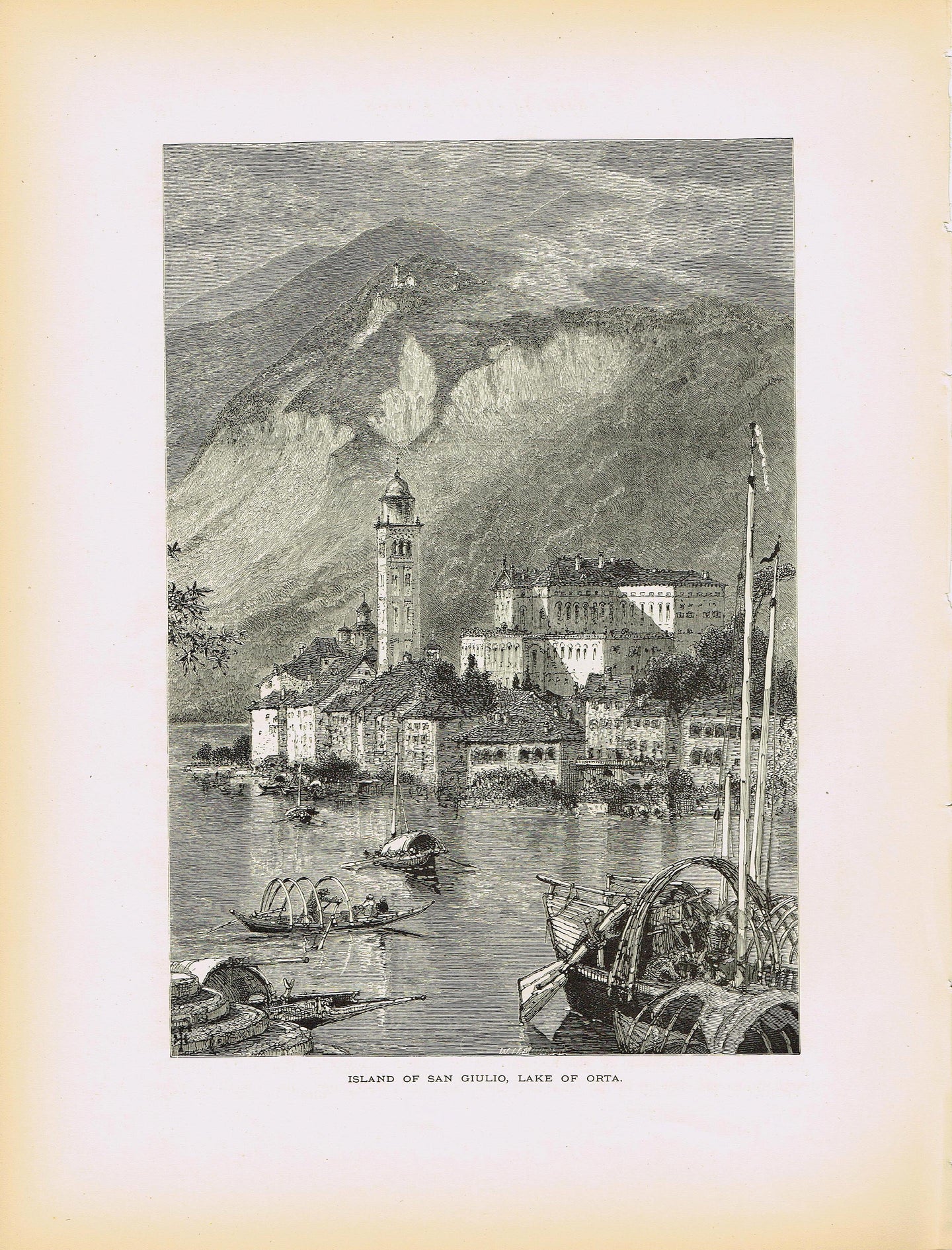 Genuine-Antique-Print-Island-of-San-Giulio-Lake-of-Orta-Italy--1878-Picturesque-Europe-Maps-Of-Antiquity