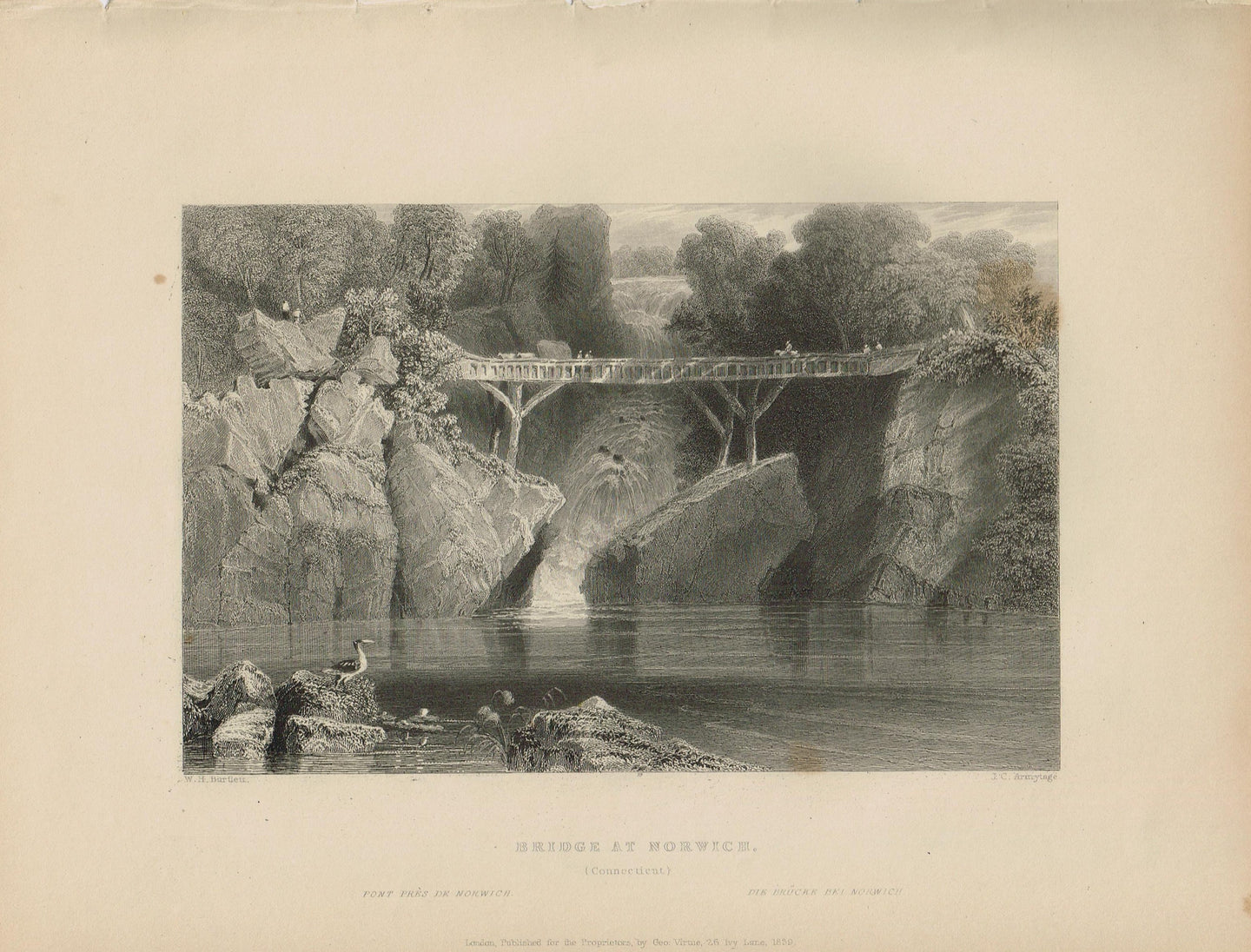 Genuine-Antique-Print-Bridge-at-Norwhich-Connecticut--1839-Bartlett-Maps-Of-Antiquity