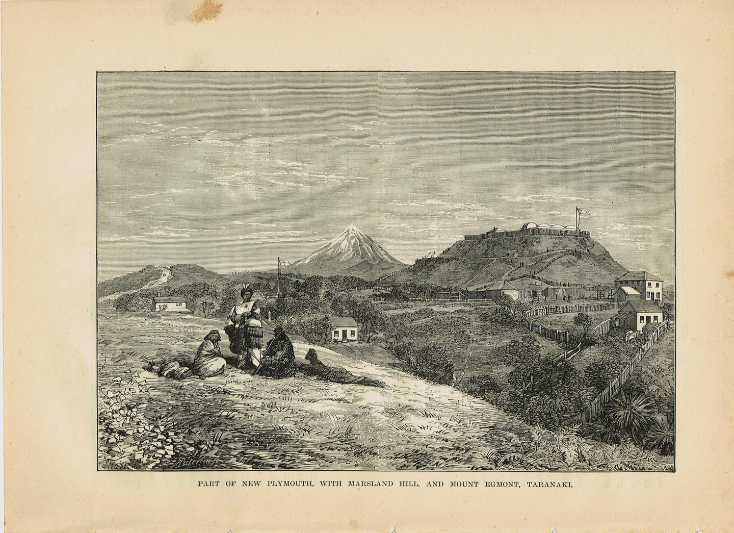 Genuine-Antique-Print-Part-of-New-Plymouth-With-Marsland-Hill-and-Mount-Egmont-Taranaki-New-Zealand--1881-Robert-Brown-Maps-Of-Antiquity