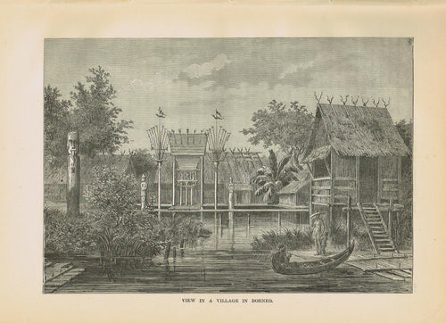 Genuine-Antique-Print-View-in-a-Village-in-Borneo--1881-Robert-Brown-Maps-Of-Antiquity