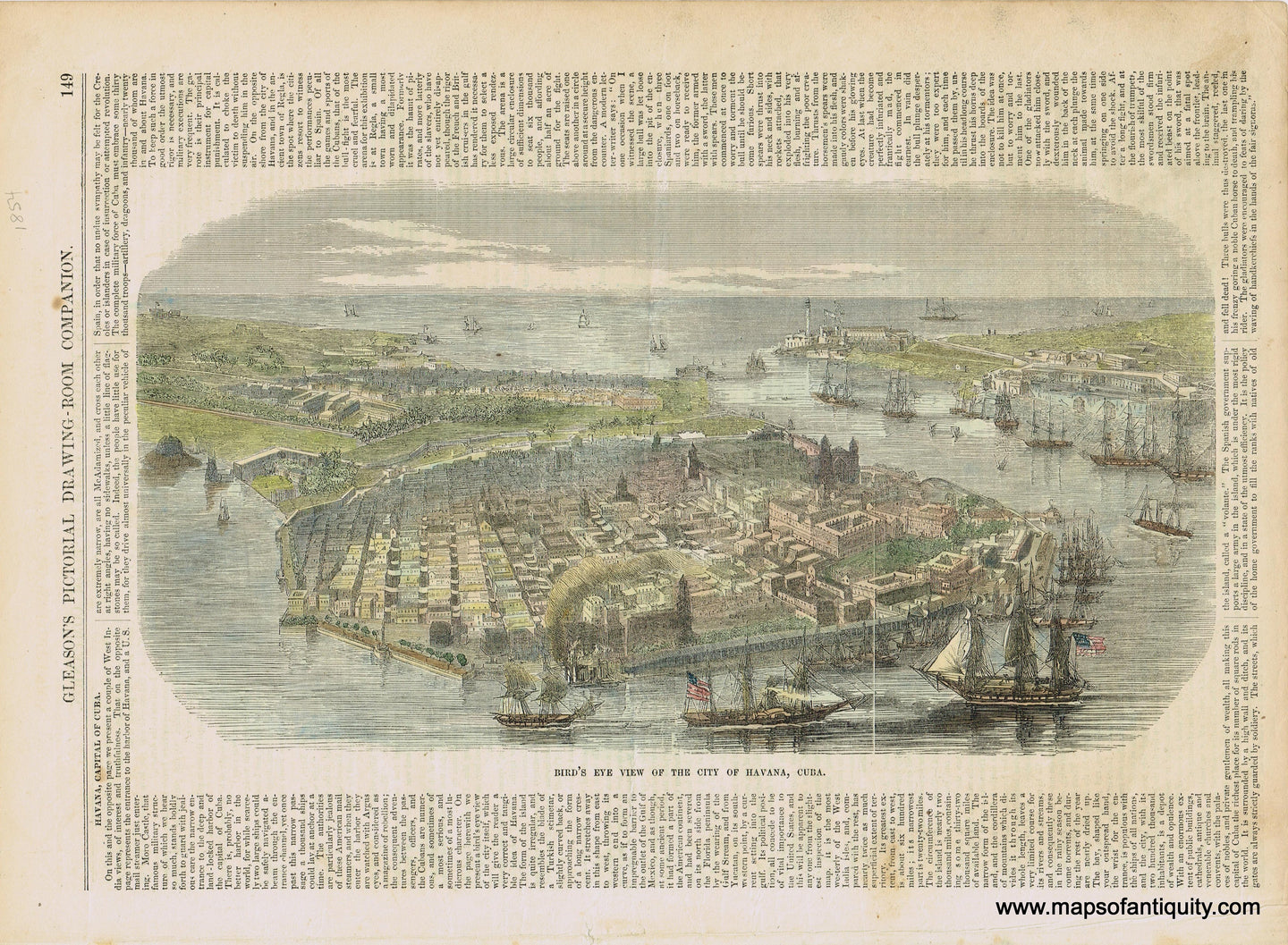 Genuine-Antique-Print-Birds-Eye-View-of-the-City-of-Havana--1854-Gleasons-Pictorial-Drawing-Room-Companion-Maps-Of-Antiquity