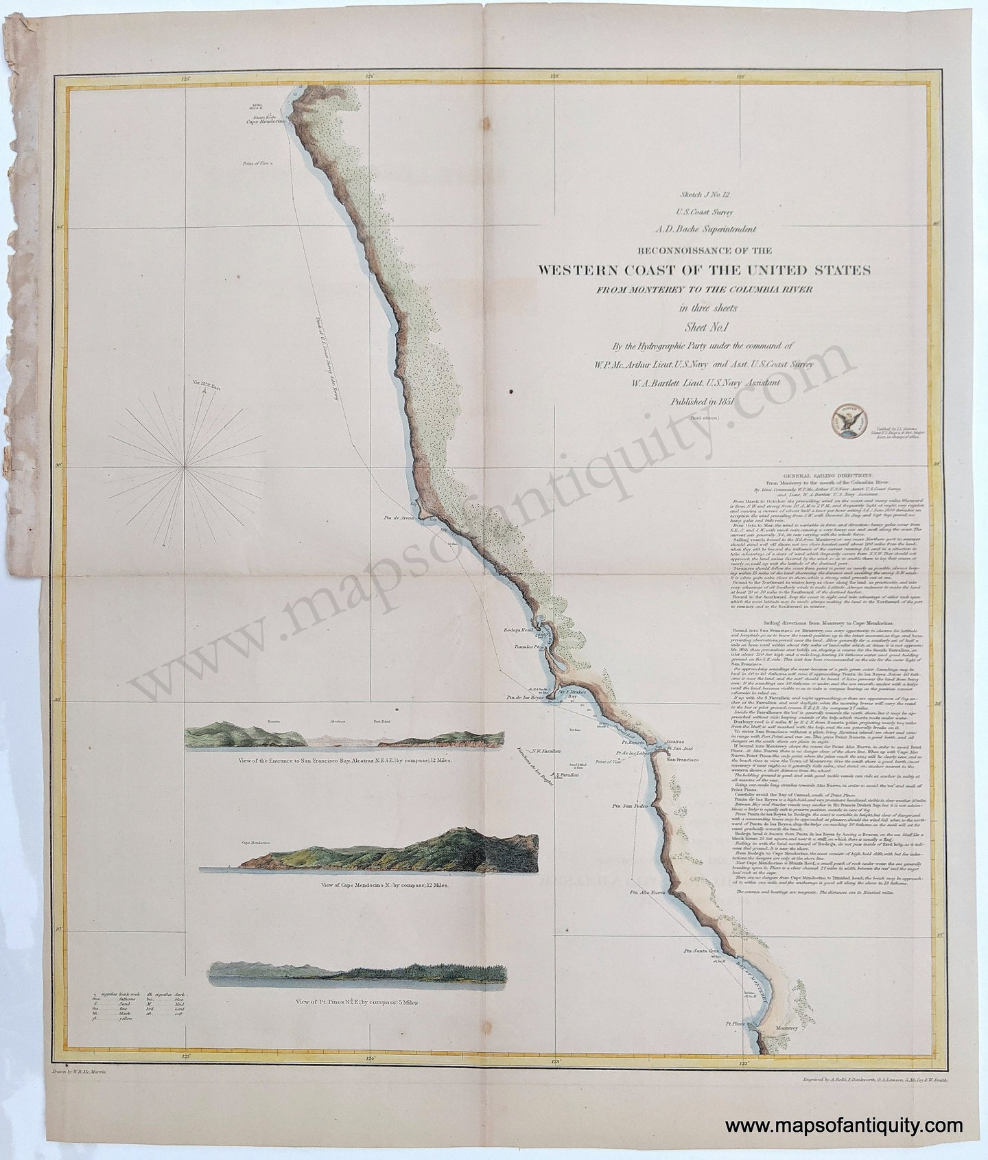 Hand Colored Genuine Antique Coastal Survey Report Chart-Reconnoissance of the Western Coast of the United States from Monterey to the Columbia River - Sheet No 1 (showing Monterey to Mendocino California)-1851-U.S. Coast Survey-Maps-Of-Antiquity-1800s-19th-century