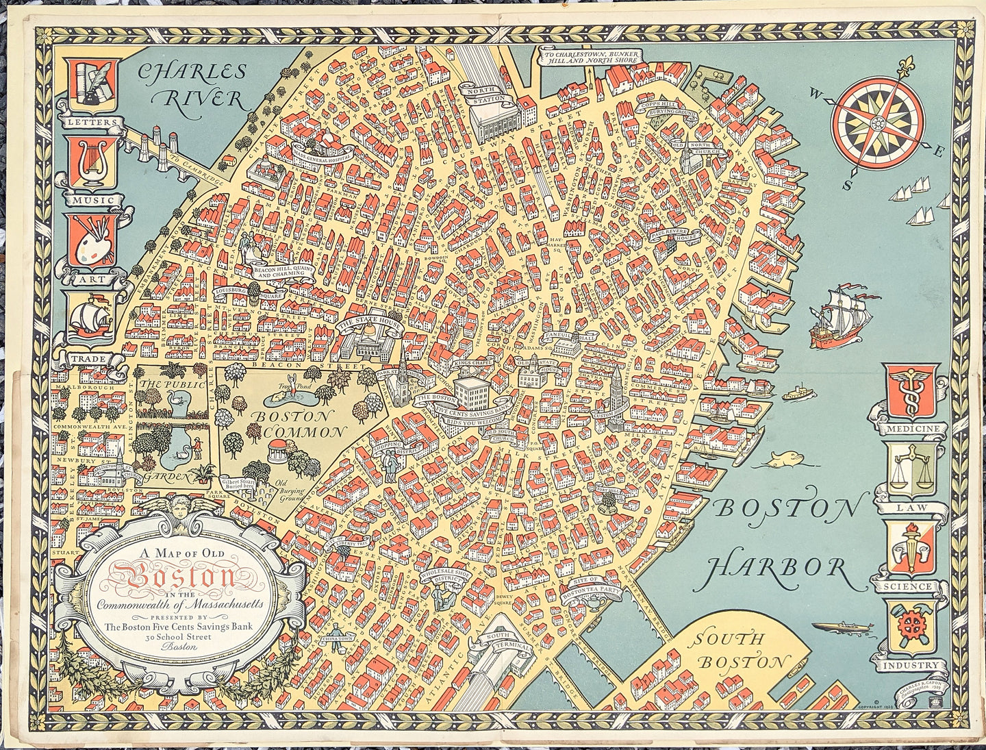 1929 - A Map of Old Boston in the Commonwealth of Massachusetts - Antique Pictorial Map