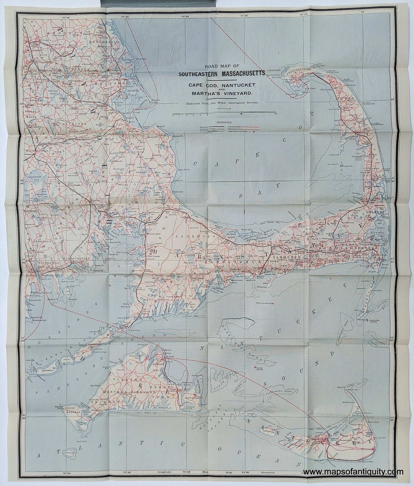 Genuine Antique Printed Color Map-Road Map of Southeastern Massachusetts Cape Cod, Nantucket, and Martha's Vineyard-c. 1895-J.F. Murray / Old Colony Railroad-Maps-Of-Antiquity-1800s-19th-century
