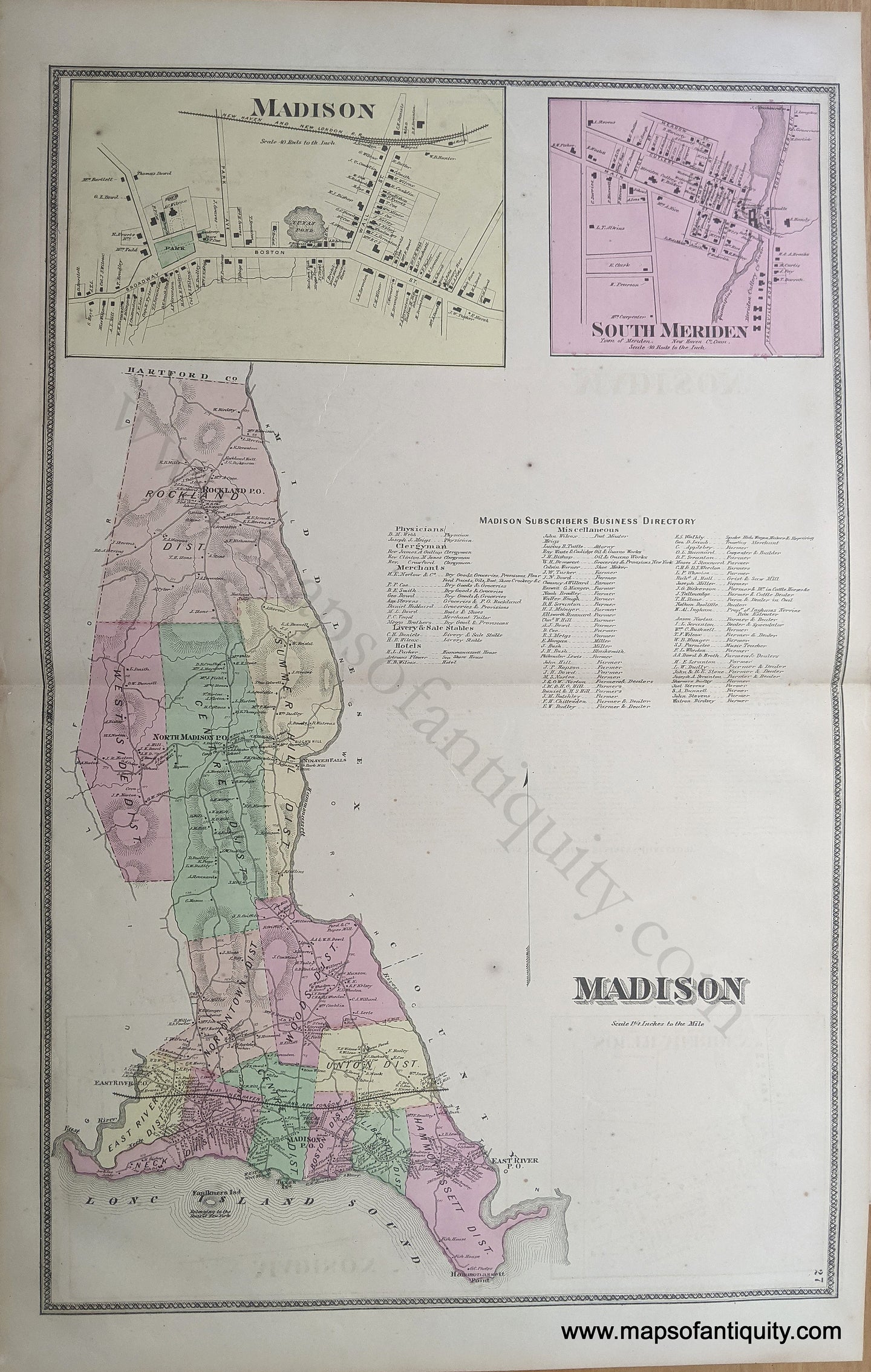 Genuine-Antique-Hand-Colored-Map-Madison--(CT)--1868-Beers-Maps-Of-Antiquity-1800s-19th-century