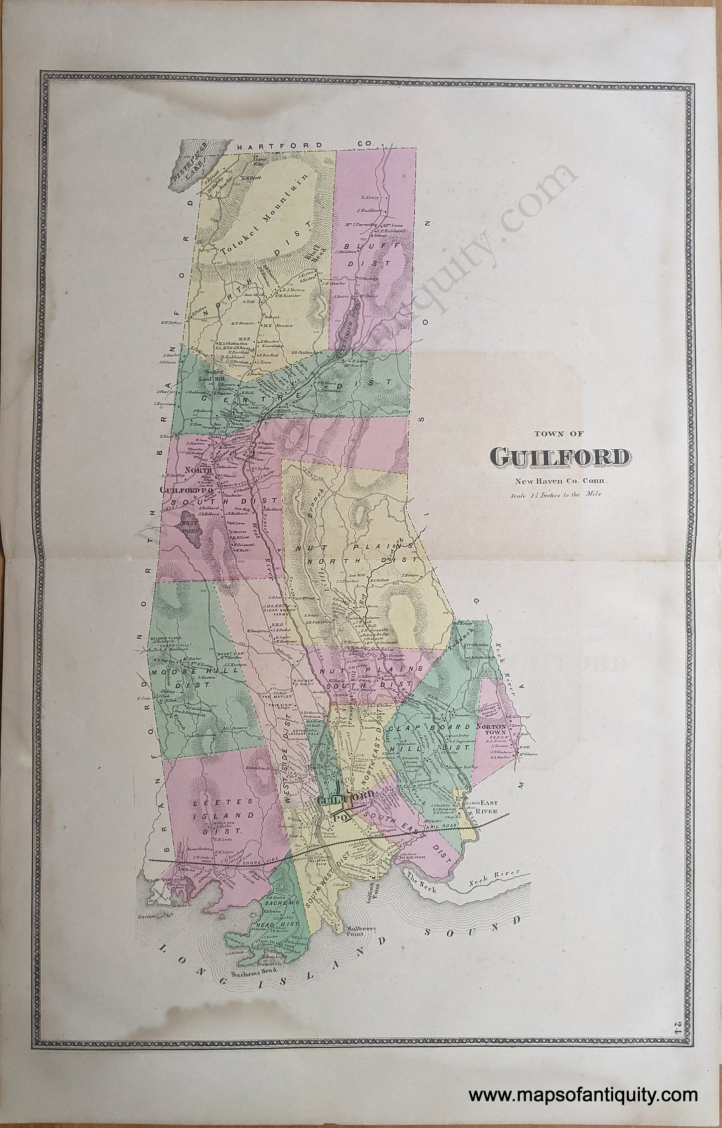 Antique-Hand-Colored-Map-Town-of-Guilford-New-Haven-Co.-Conn.-**********-United-States-Connecticut-1868-Beers-Maps-Of-Antiquity