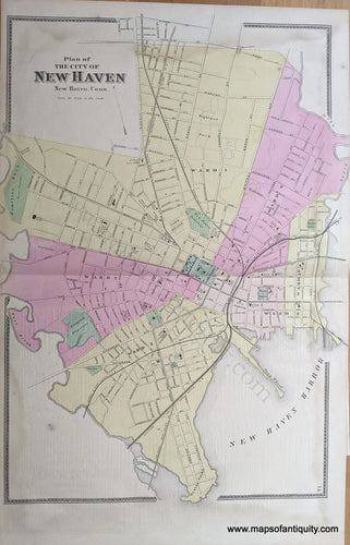 Antique-Hand-Colored-Map-Plan-of-the-City-of-New-Haven-New-Haven-Co.-Conn.-******-United-States-Connecticut-1868-Beers-Maps-Of-Antiquity