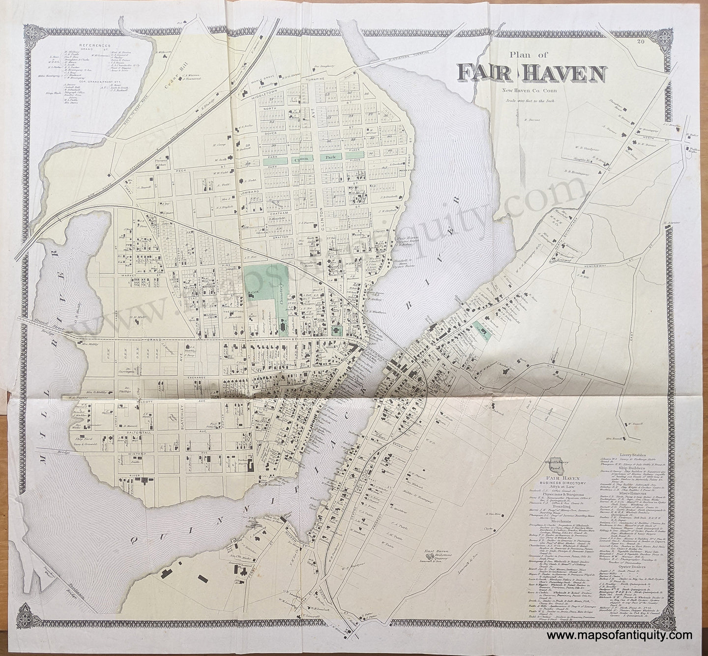 Genuine-Antique-Hand-Colored-Map-Plan-of-Fair-Haven-CT-1868-F.W.-Beers-Maps-Of-Antiquity-1800s-19th-century