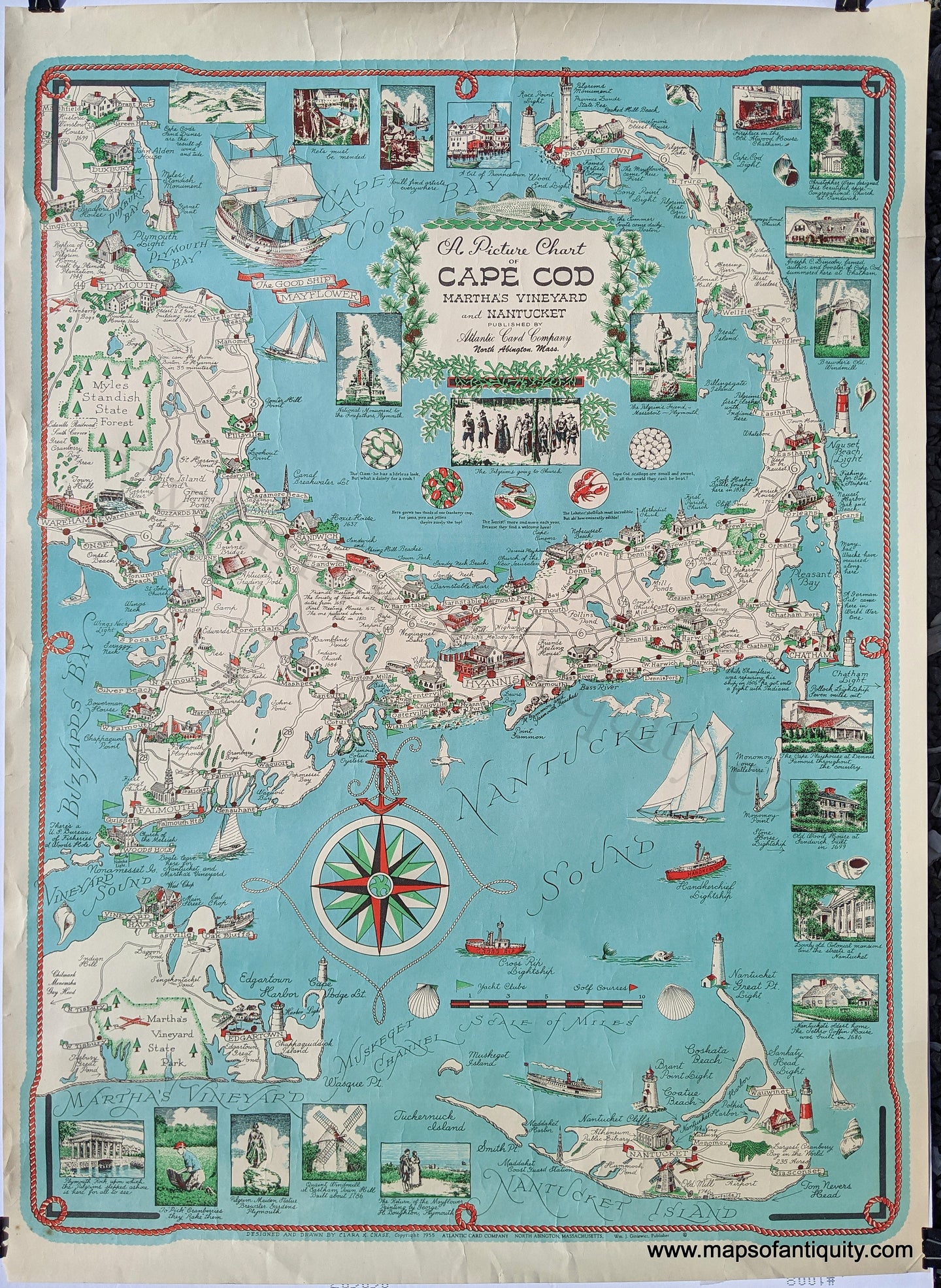 Printed-Color-Antique-Map-A-Picture-Chart-of-Cape-Cod-United-States-Massachusetts-1955-Clara-K.-Chase-Maps-Of-Antiquity