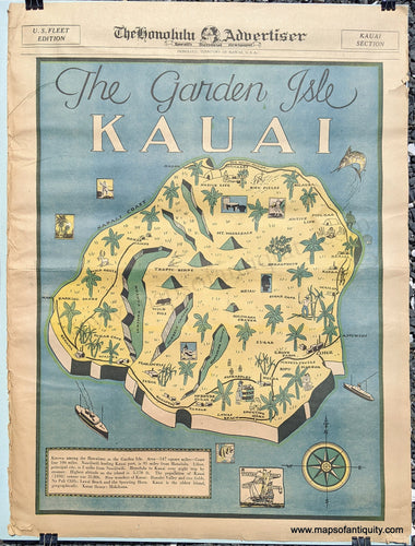 Genuine Antique Pictorial Map-The Garden Isle Kauai-1935-The Honolulu Advertiser-Maps-Of-Antiquity