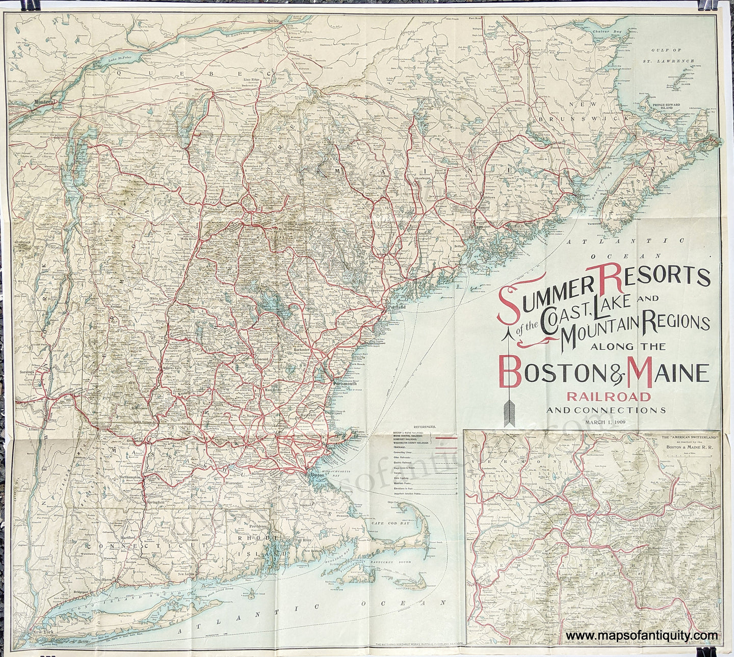 Antique-Printed-Color-Railroad-Map-Summer-Resorts-of-the-Coast-Lake-and-Mountain-Regions-along-the-Boston-&-Maine-Railroad-and-Connections-**********-United-States-Northeast-1915-Matthews-Northrup-Works-Maps-Of-Antiquity