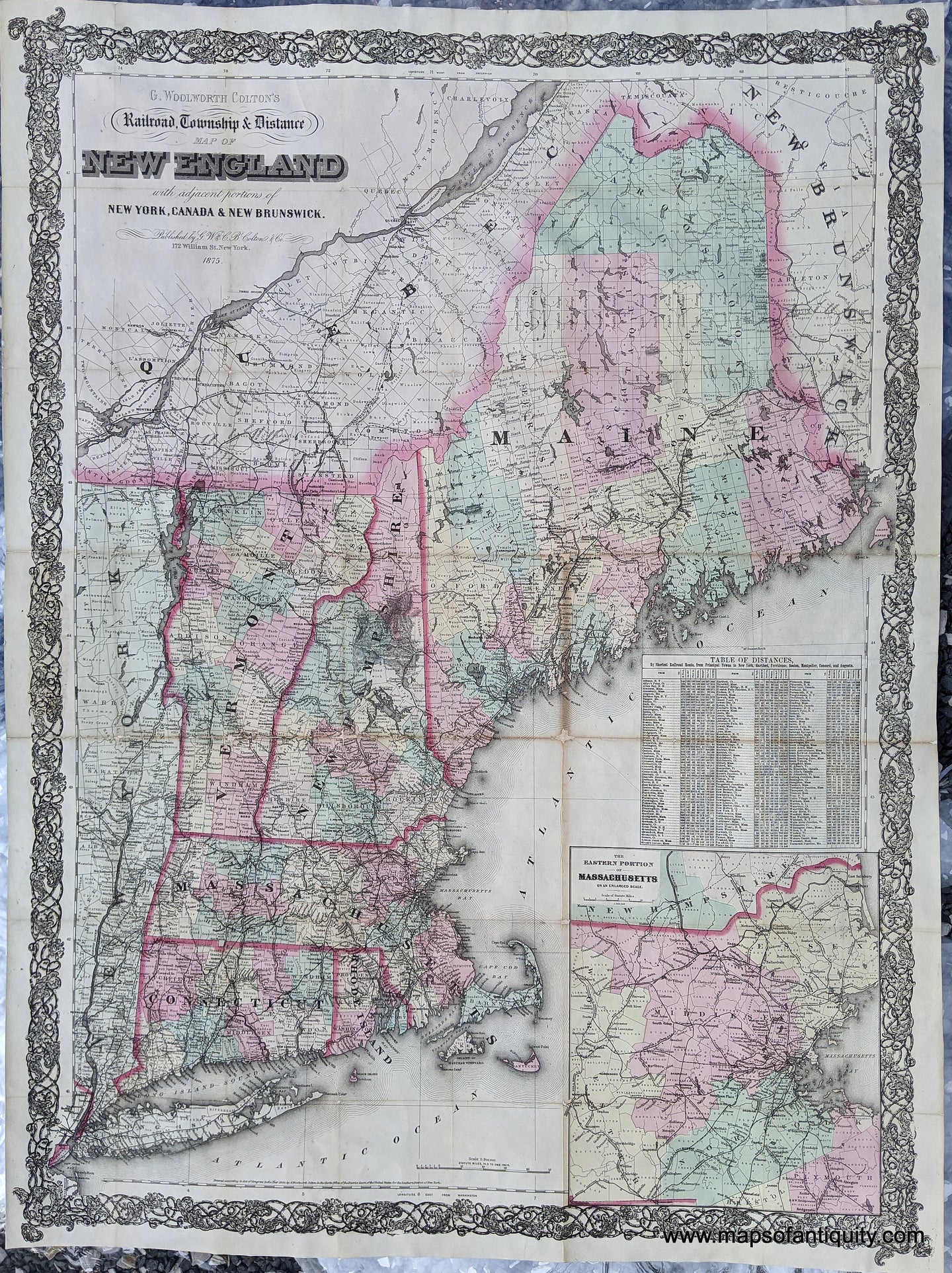 Genuine-Antique-Folding-Map-G.-Woolworth-Colton's-Railroad-Township-&-Distance-Map-of-New-England-with-adjacent-portions-of-New-York-Canada-&-New-Brunswick.-1875-G.W.-&-C.B.-Colton-Maps-Of-Antiquity