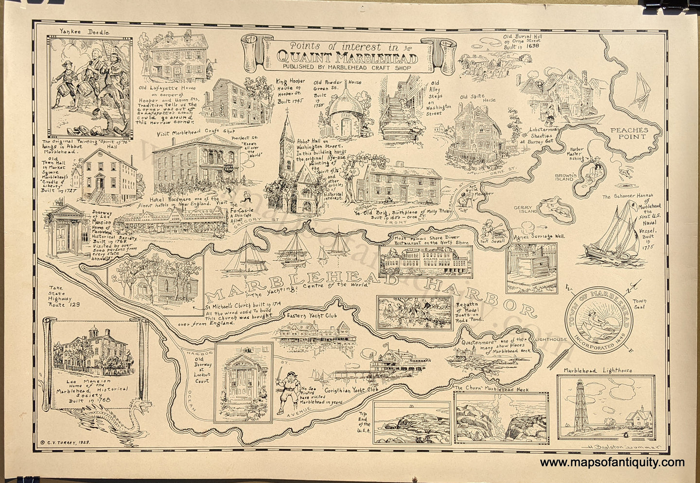 Genuine Antique Pictorial Map-Points of Interest in Quaint Marblehead-1929-H. Boylston Dummer / C.V. Torrey-Maps-Of-Antiquity