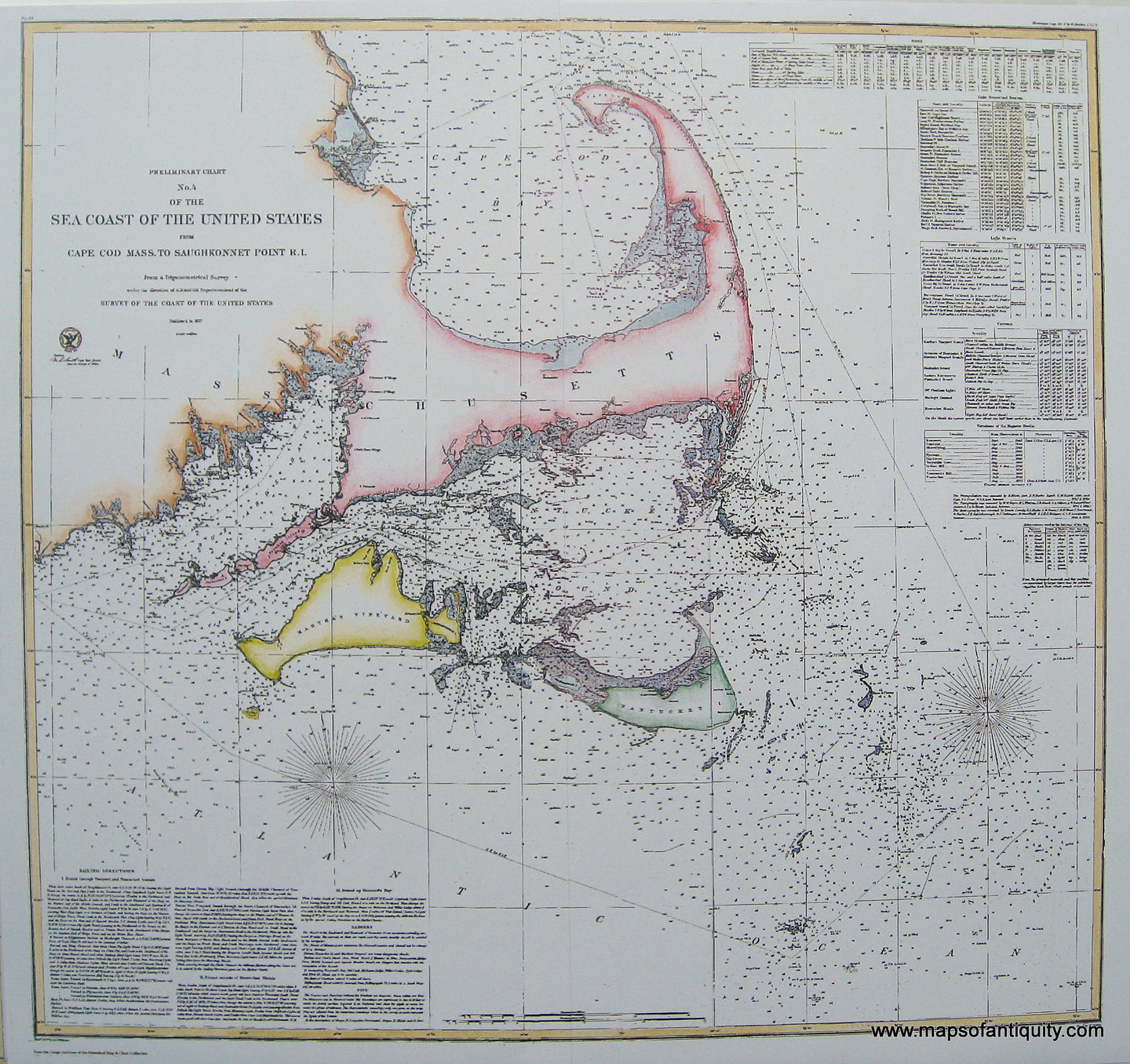Printed-Color-Reproduction-Cape-Cod-Mass-to-Saughkonnett-R.I.-1857---Reproduction-Reproductions-Cape-Cod-and-Islands-Reproduction-U.S.-Coast-Survey-Maps-Of-Antiquity