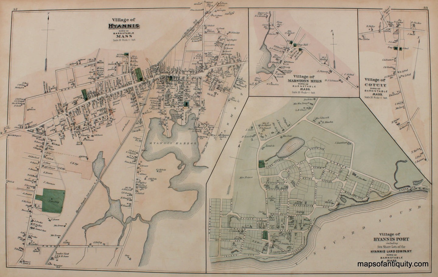 Reproduction-Villages-of-Hyannis-Hyannis-Port-Marstons-Mills-Cotuit-pp.-32-33-Town-and-Village-Maps-Atlas-of-Barnstable-County-Walker-1880.---Reproduction---Reproductions-Cape-Cod-and-Islands-Reproduction--Maps-Of-Antiquity