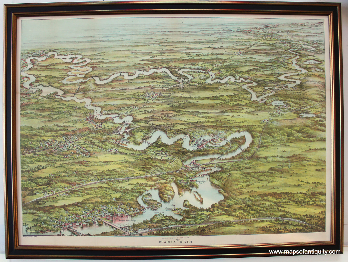 Charles-River-Bird's-Eye-View-Canoeing-Map-Framed