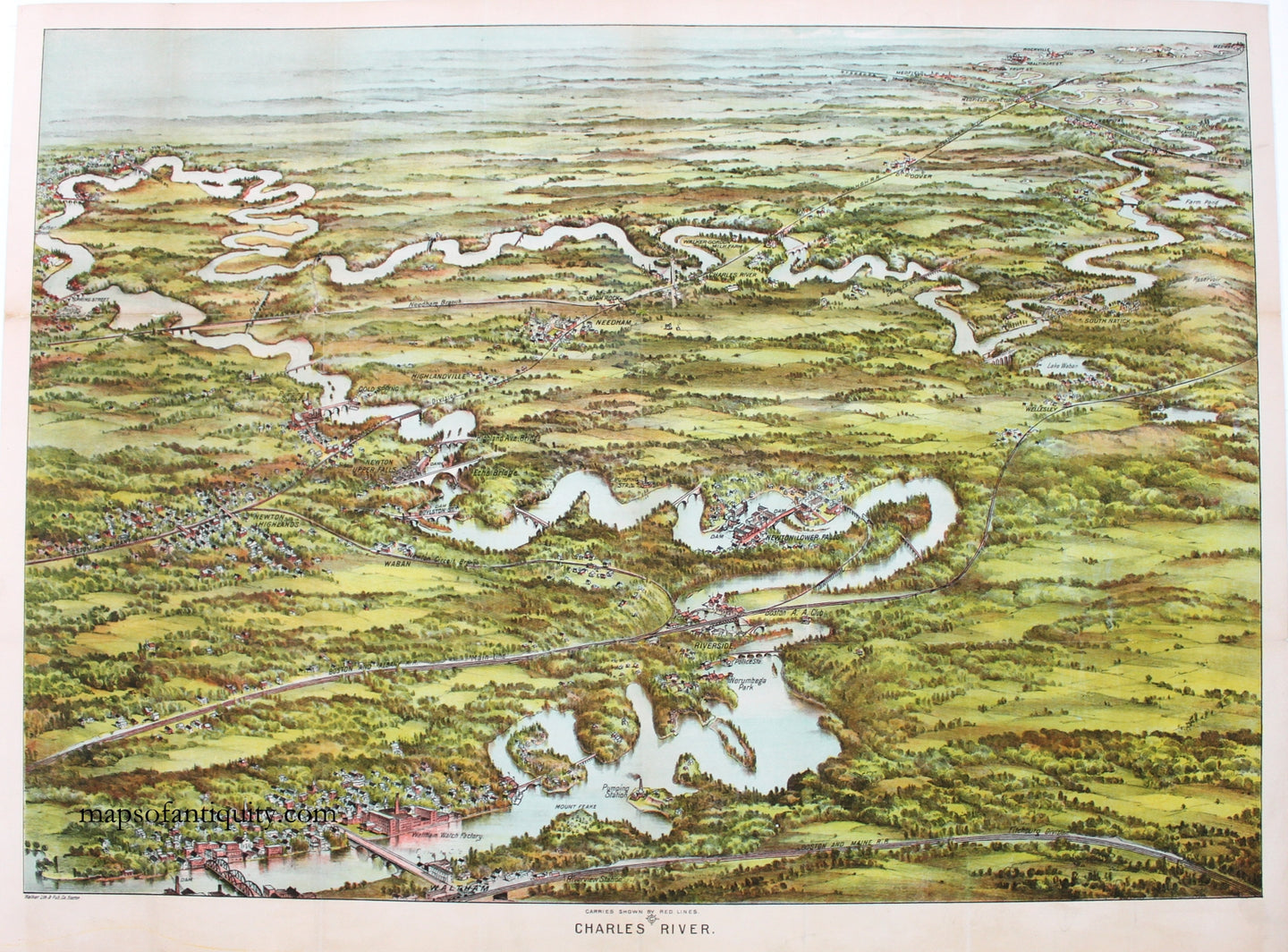 Reproduction-Charles-River-Bird's-Eye-View-Canoeing-Map---Reproduction---Reproductions-Massachusetts-Reproduction--Maps-Of-Antiquity