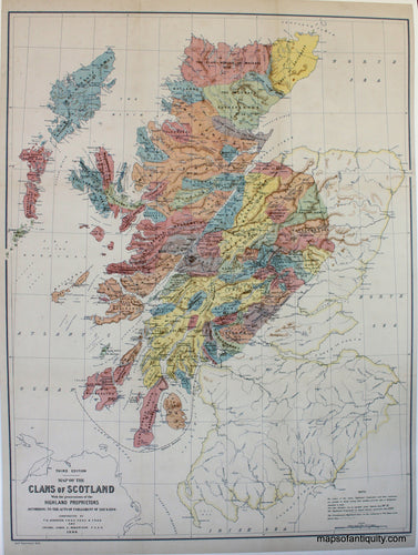 Clans-of-Scotland-PrintReproduction print of an antique map of Scotland showing Scottish Clans and Highland Proprietors according to the acts of Parliament in 1587 and 1594. Also shows towns, topography etc.