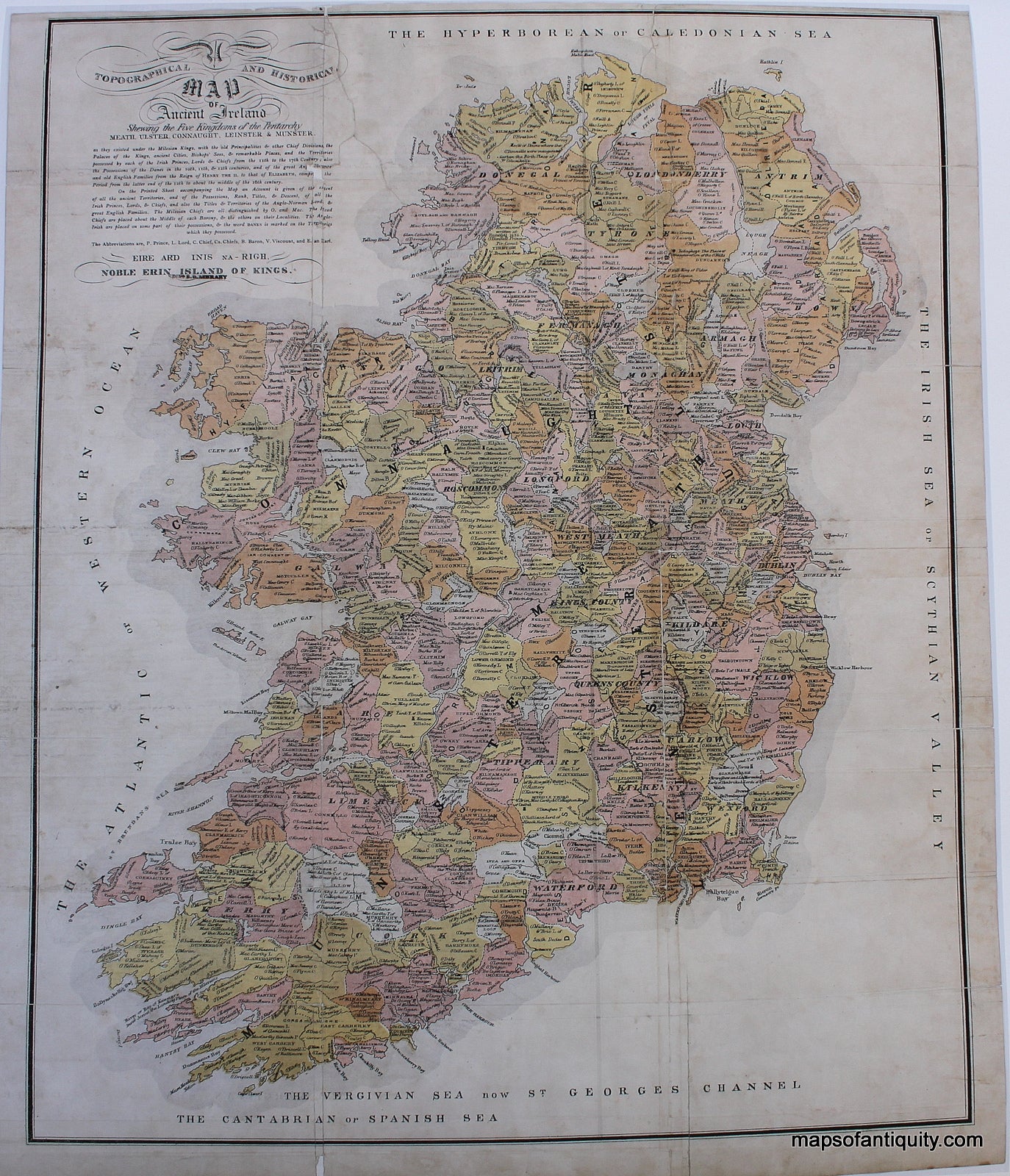 Clans-of-Ancient-Ireland-Print-Reproduction print of an antique map of Ireland showing the five kingdoms of the pentarchy with family names throughout. Topographical and Historical Map of Ancient Ireland