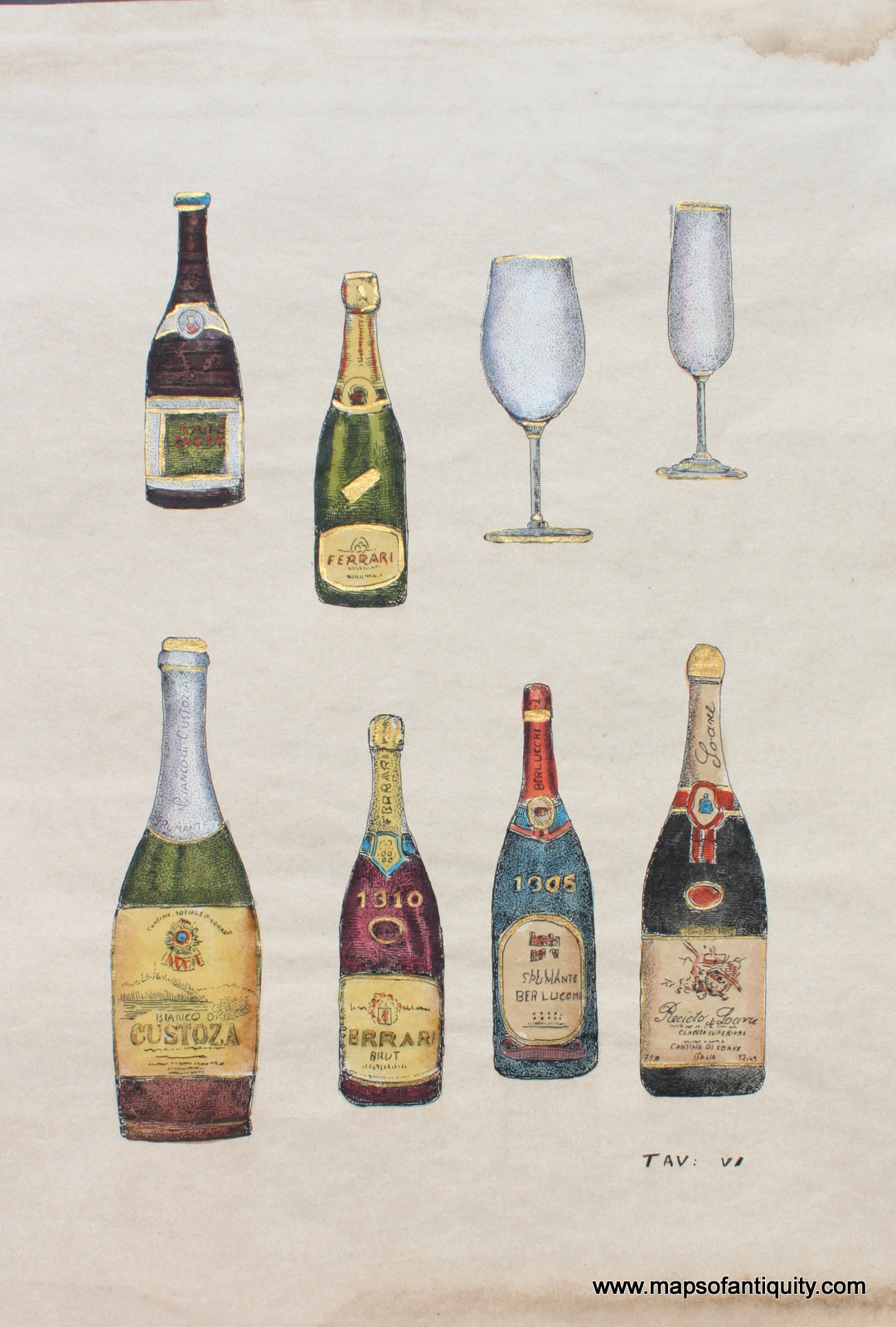 Reproduction-Antique-Print-Prints-Wine-Red-White-Glass-Glasses-Champagne-Types-Brut-Spumante-Maps-Antiquity