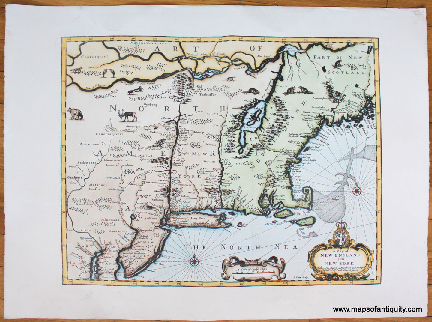 Reproduction-Antique-Maps-Antiquity-A-Map-of-New-England-and-New-York-1676-John-Speed-17th-Century