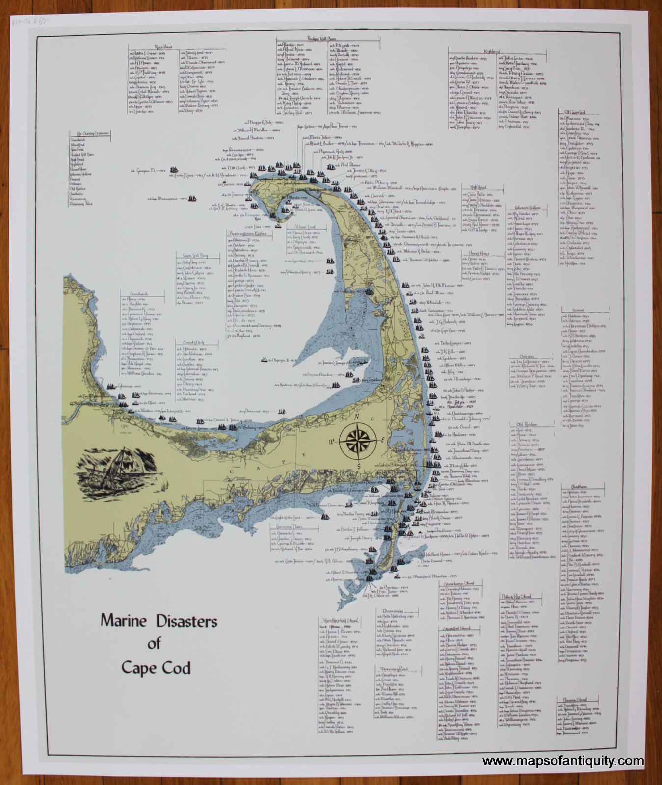 Print-Prints-Reproduction-Reproductions-Map-Marine-Disasters-of-Cape-Cod-Shipwreck-Shipwrecks-Nautical-History-Maps-of-Antiquity