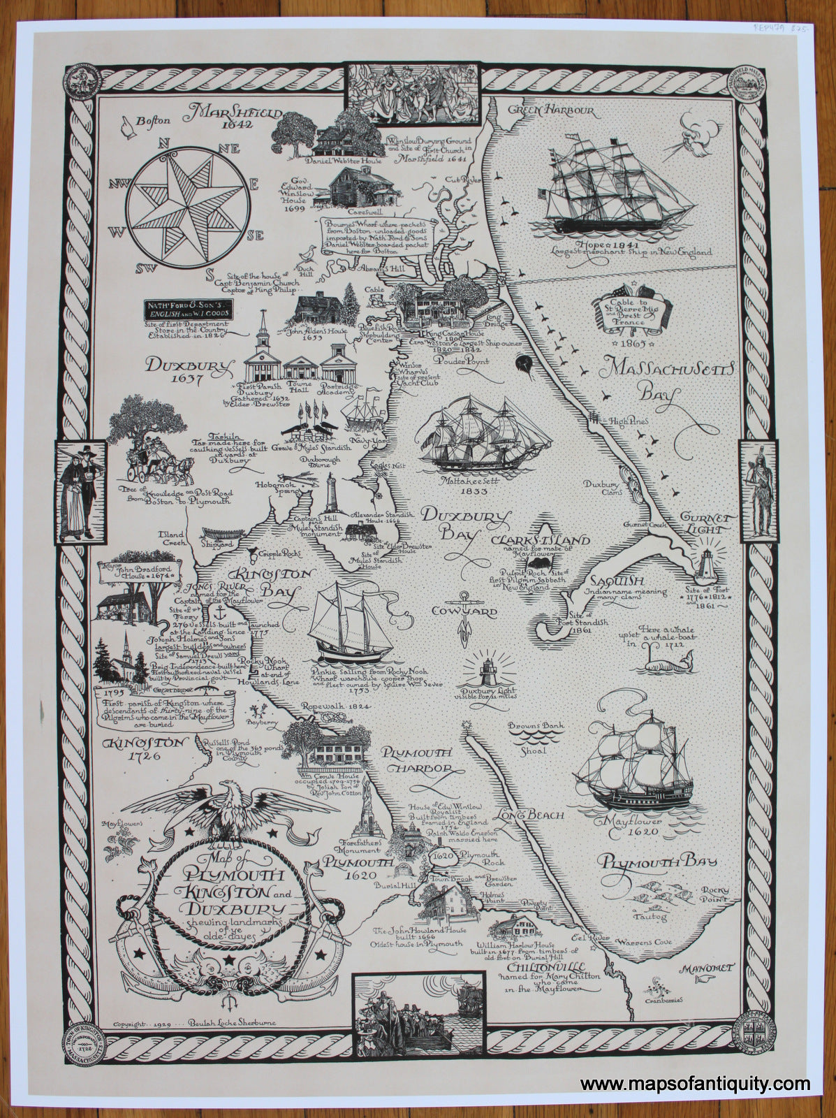 Print-Prints-Reproduction-Reproductions-Map-of-Plymouth-Kingston-and-Duxbury-shewing-landmarks-of-ye-olde-dayes-Beulah-Locke-Sherburne-1929-Maps-of-Antiquity