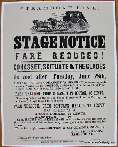 Print-Prints-Reproduction-Reproductions-Steamboat-Line-Stage-Notice-Fare-Reduced-Cohasset-Scituate-The-Glades-Massachusetts-MA-Mass-June-28-1859-Maps-of-Antiquity