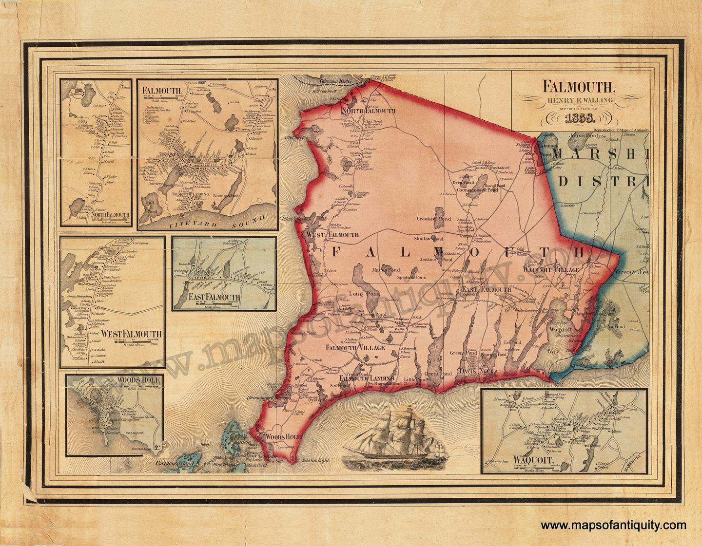 Reproduction-Antique-Map-Falmouth-1858-Walling-Wall-map-Cape-Cod-1850s-1800s-19th-century-Maps-of-Antiquity