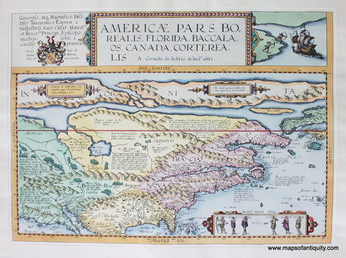 Antique-Map-North-America-Americae-Pars-Borealis-Florida-Baccalaos-Canada-Corterealis-Reproduction-Reproductions-de-Jode-1593-Maps-Of-Antiquity
