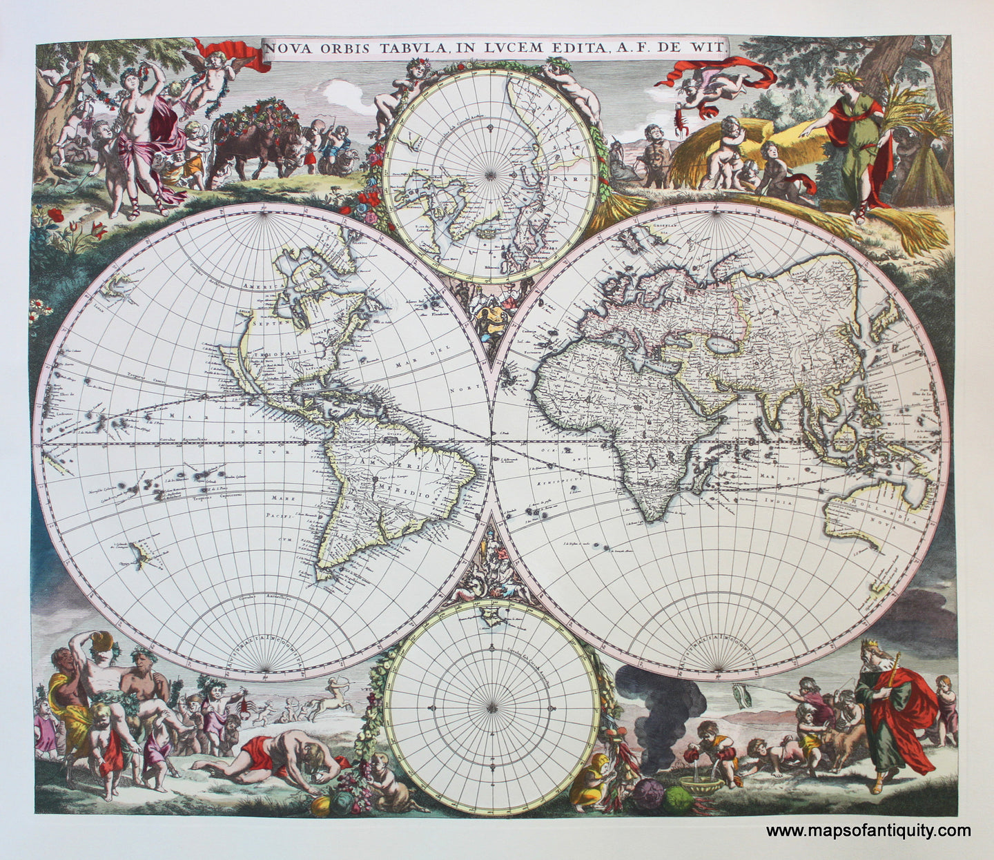 Reproduction-Reproductions-Antique-Map-of-World-Globe-Hemispheres-Nova-Orbis-Tabula-in-Lucem-Edita-De-Witt-Maps-of-Antiquity