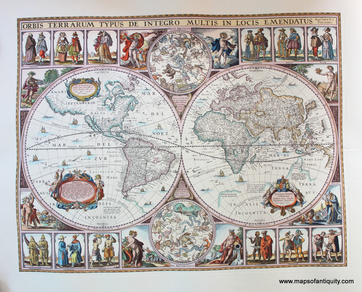 Reproduction-Reproductions-Antique-Map-of-World-Globe-Hemispheres-Orbis-Terrarum-Typus-de-Integro-Multis-in-Locis-Emendatus-Visscher-Maps-of-Antiquity
