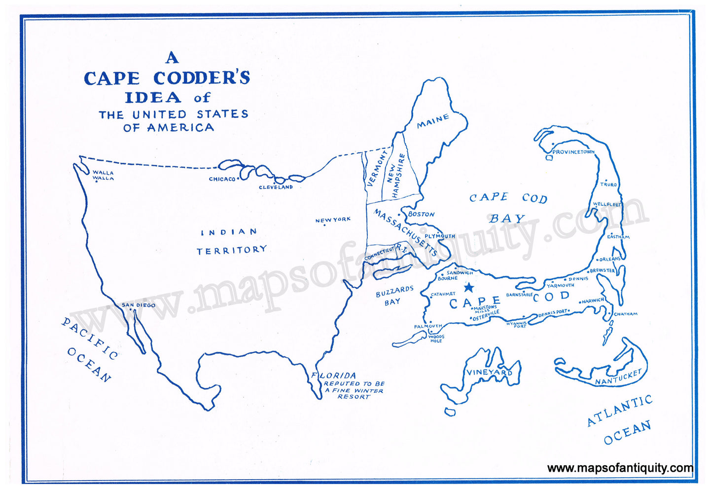 Reproduction-A-Cape-Codder's-Idea-of-the-United-States-of-America-White-Print-Date-Unknown-Massachusetts-20th-century-Maps-of-Antiquity
