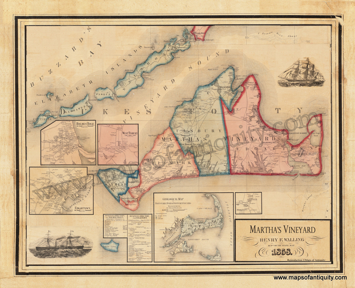 Reproduction-Martha's-Vineyard-1858-1800s-19th-century-Maps-of-Antiquity