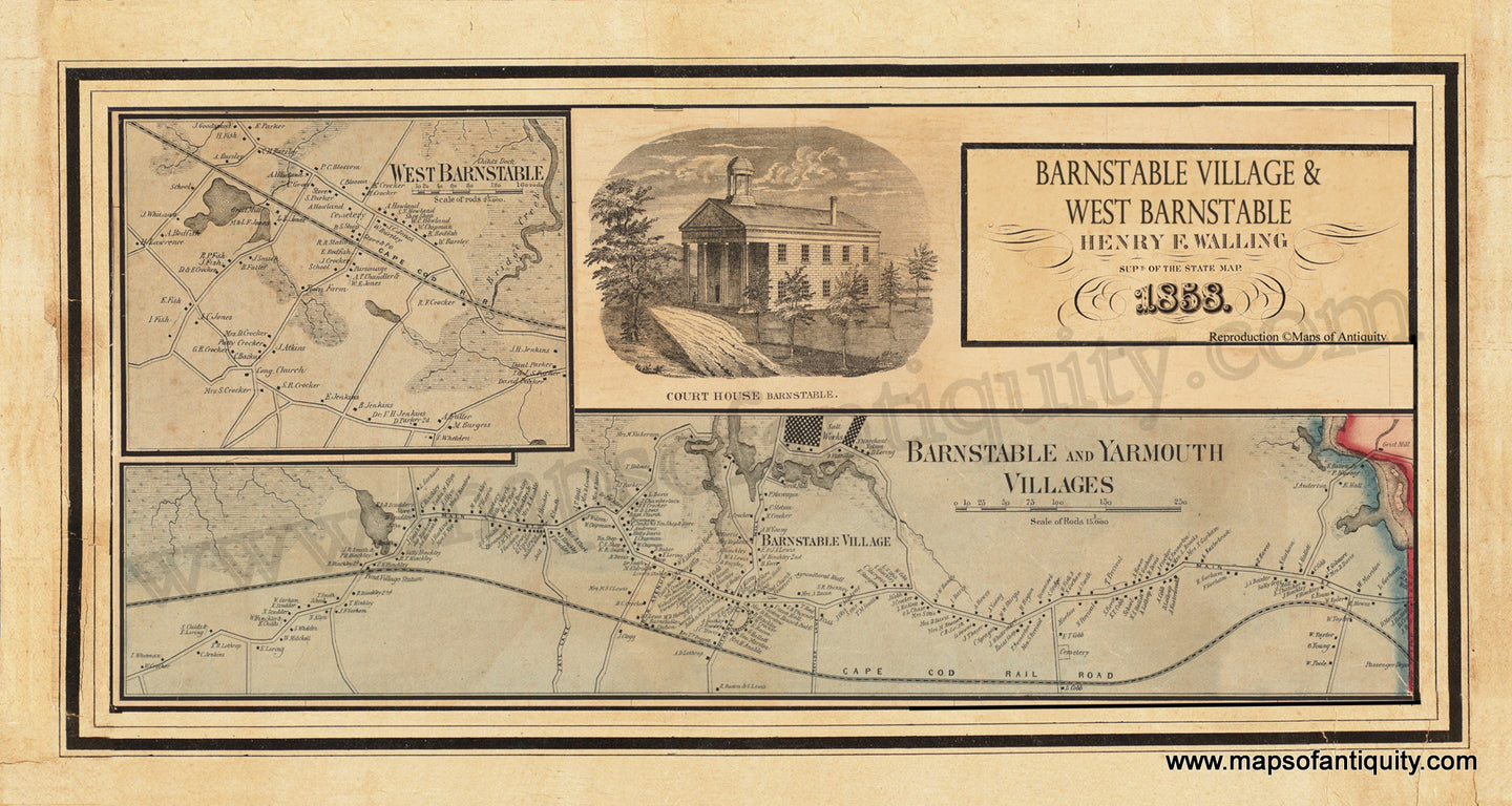 Reproduction-Antique-Map-Barnstable-Village-West-Barnstable-1858-Walling-Wall-map-Cape-Cod-1850s-1800s-19th-century-Maps-of-Antiquity