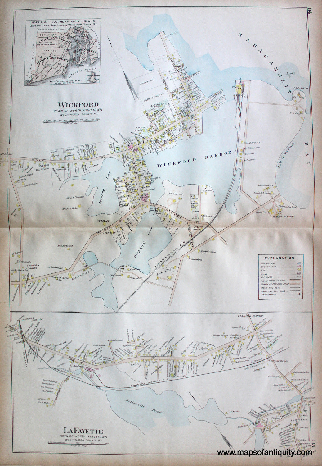 Antique-Map-Town-of-North-Kingston-Wickford-LaFayette-Rhode-Island