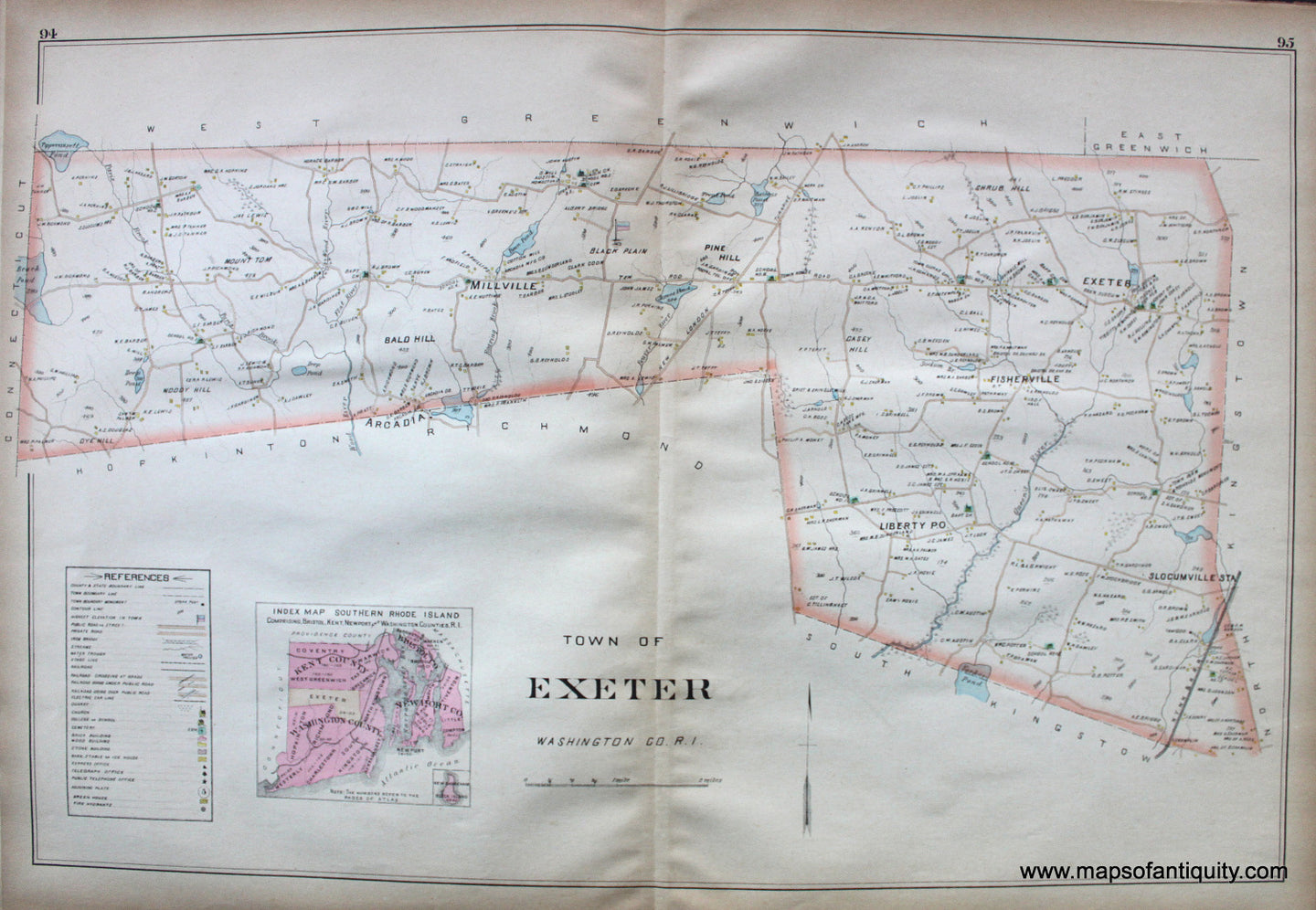 Antique-Hand-Colored-Map-Town-of-Exeter-United-States-Northeast-1895-Everts-&-Richards-Maps-Of-Antiquity