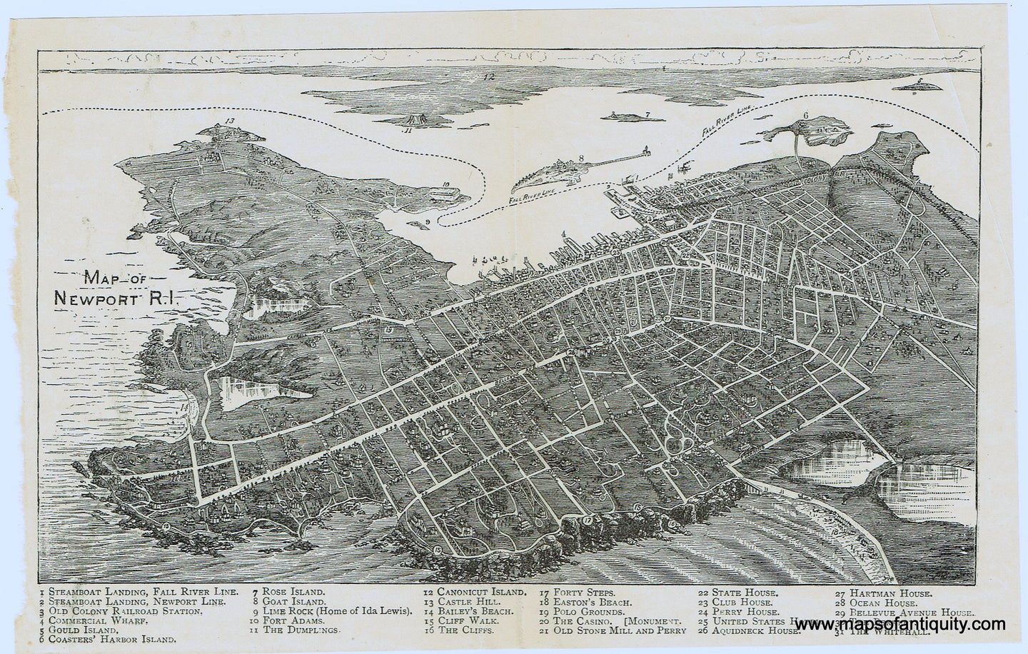 Black-and-White-Antique-Bird's-Eye-View-Map-Map-of-Newport-R.I.-United-States-Northeast-1886-Old-Colony-Railroad-Brochure-Maps-Of-Antiquity