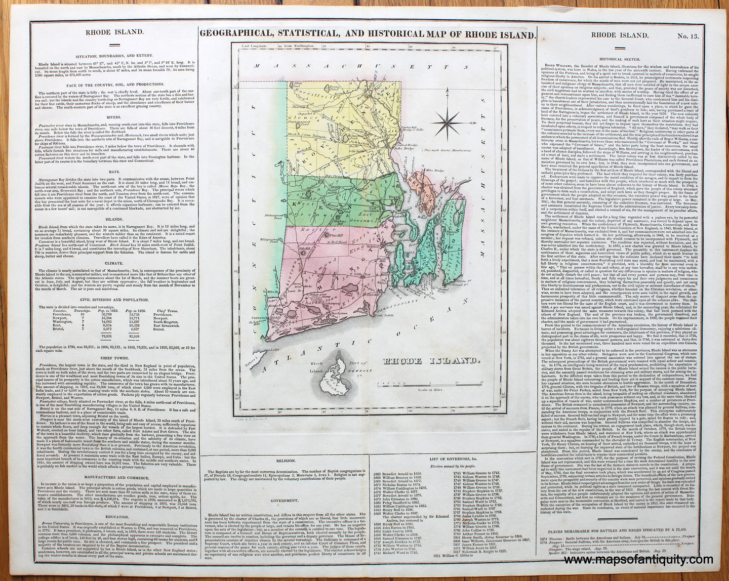 1822 - Geographical, Statistical, and Historical Map of Rhode Island - Antique Map