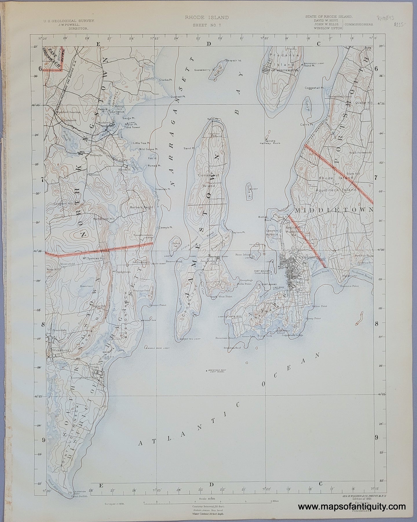 Antique-Topographical-Map-Rhode-Island-Sheet-No.-7-Newport-Jamestown-Rhode-Island--1888-USGS/U.S.-Geological-Survey-Maps-Of-Antiquity