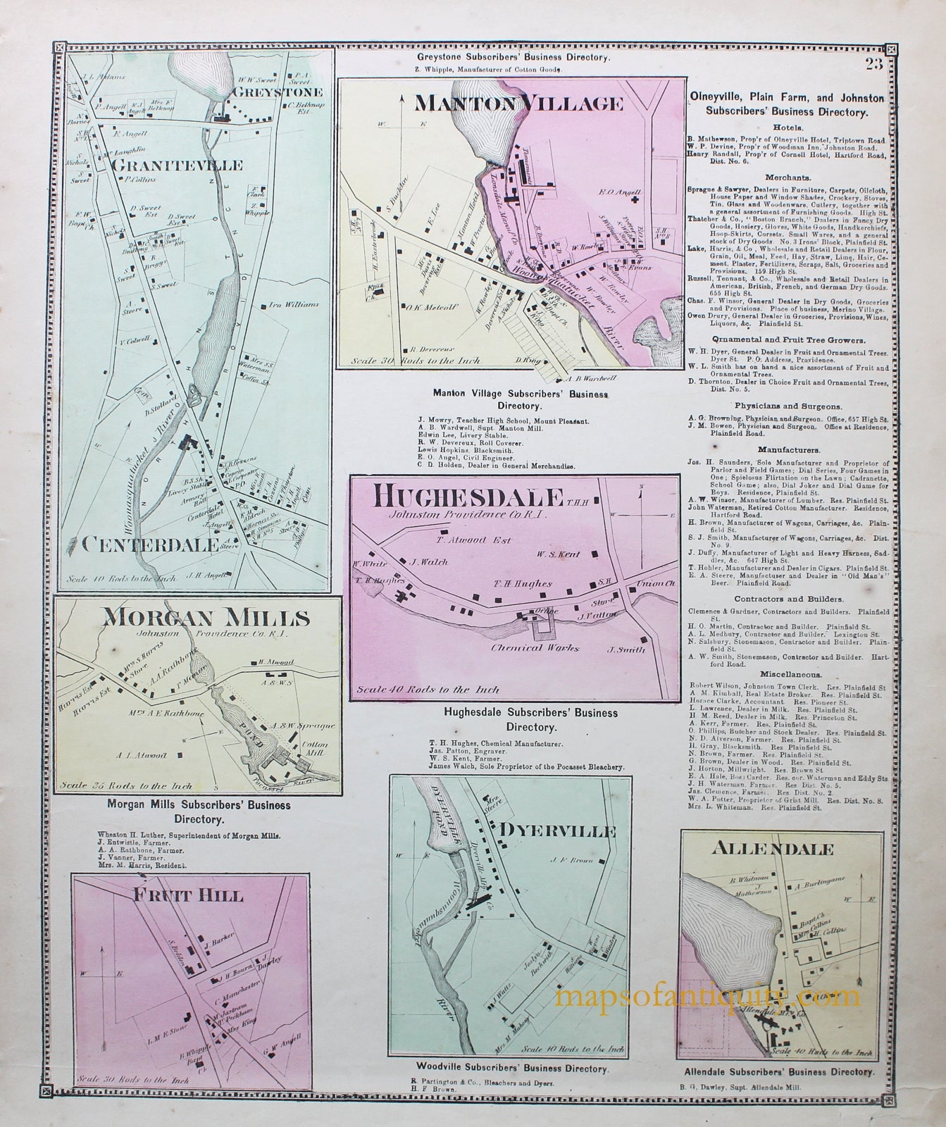 Antique-Hand-Colored-Map-Hughesdale-Manton-Village-Centerdale-Morgan-Mills-Fruit-Hill-Dyerville-Allendale-Rhode-Island-Rhode-Island--1870-Beers-Maps-Of-Antiquity