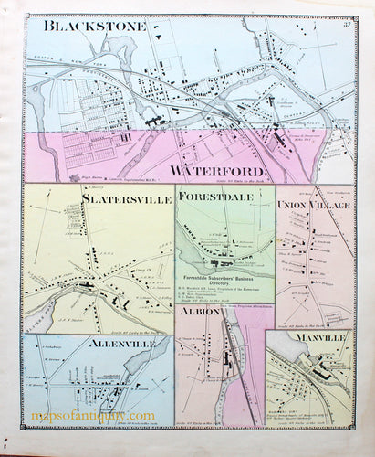 Antique-Hand-Colored-Map-Blackstone-Waterford-Slatersville-Forestdale-Union-Village-Manville-Albion-Allenville-Rhode-Island-Rhode-Island--1870-Beers-Maps-Of-Antiquity