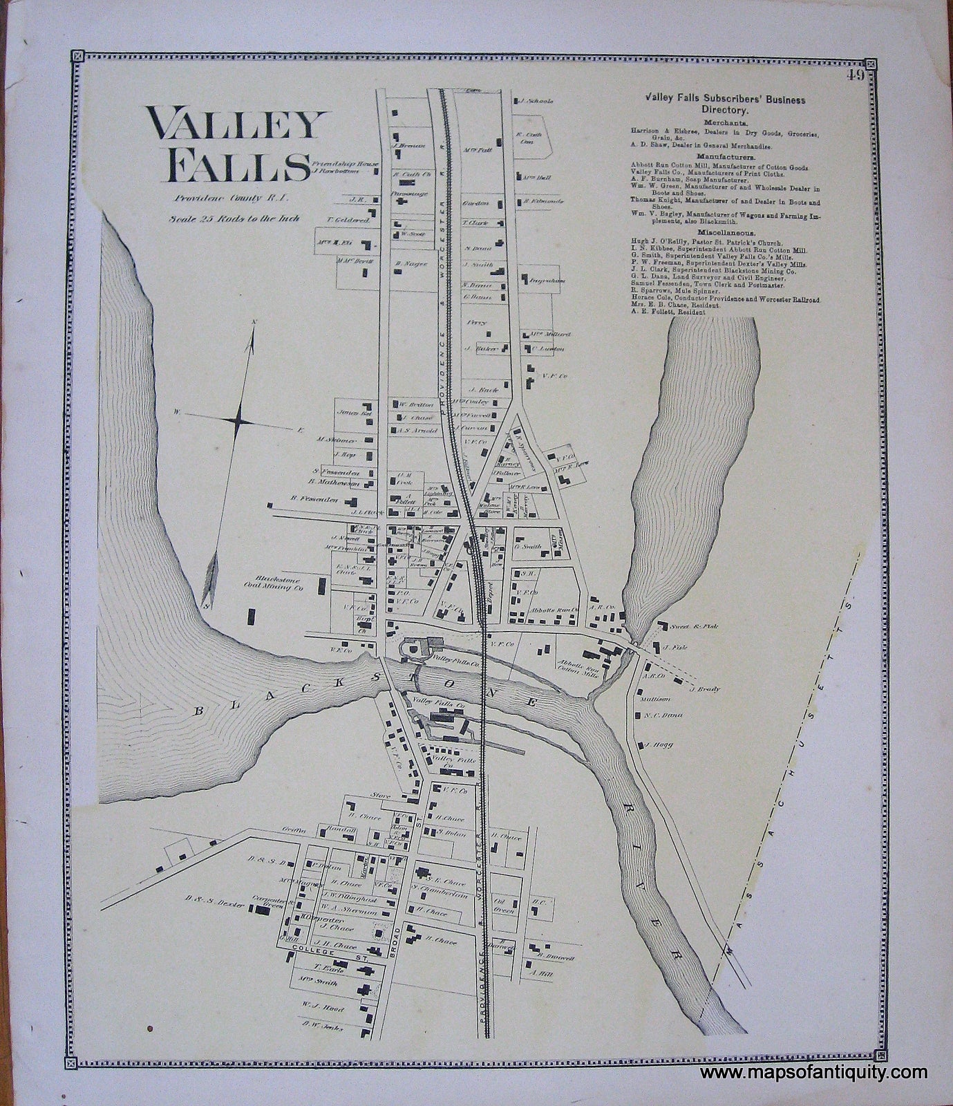 Antique-Hand-Colored-Map-Valley-Falls-Rhode-Island-Rhode-Island--1870-Beers-Maps-Of-Antiquity