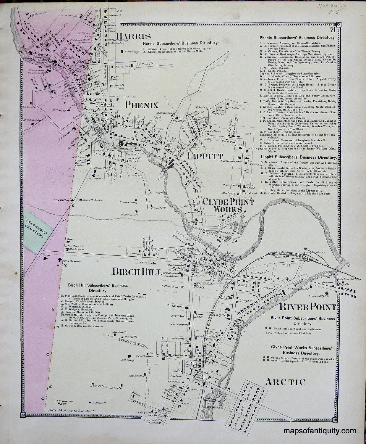 Antique-Hand-Colored-Map-Harris-Phenix-Lippitt-River-Point-Birch-Hill-Arctic-Rhode-Island-Rhode-Island--1870-Beers-Maps-Of-Antiquity