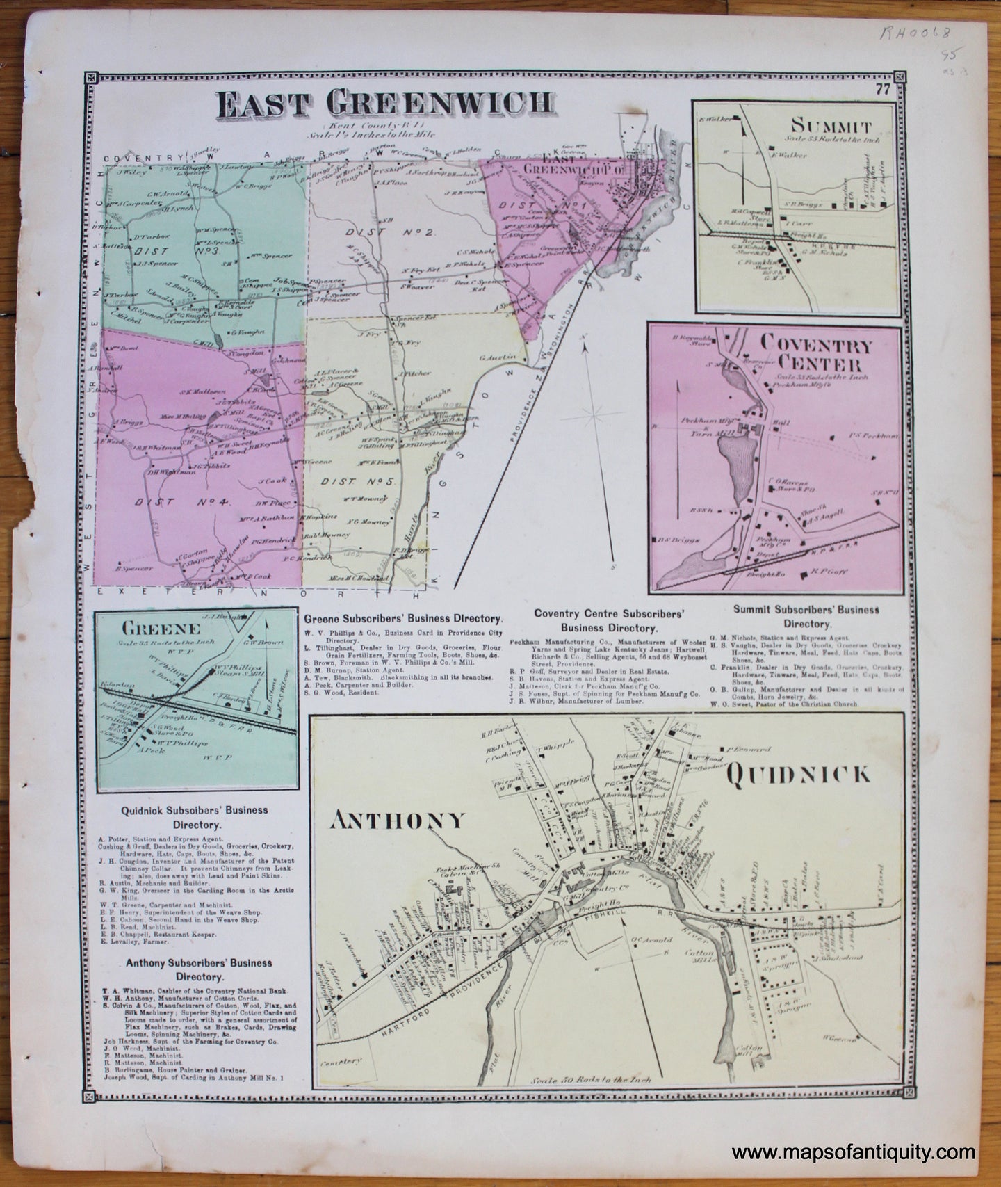 Antique-Hand-Colored-Map-East-Greenwich-Anthony-Quidnick-Coventry-Center-Summit-Greene-Rhode-Island-Rhode-Island--1870-Beers-Maps-Of-Antiquity