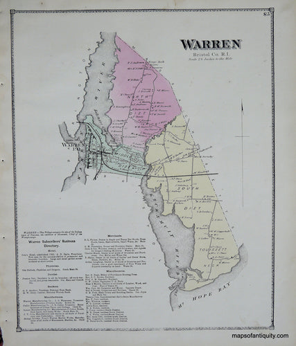 Antique-Hand-Colored-Map-Warren-Rhode-Island--Rhode-Island--1870-Beers-Maps-Of-Antiquity