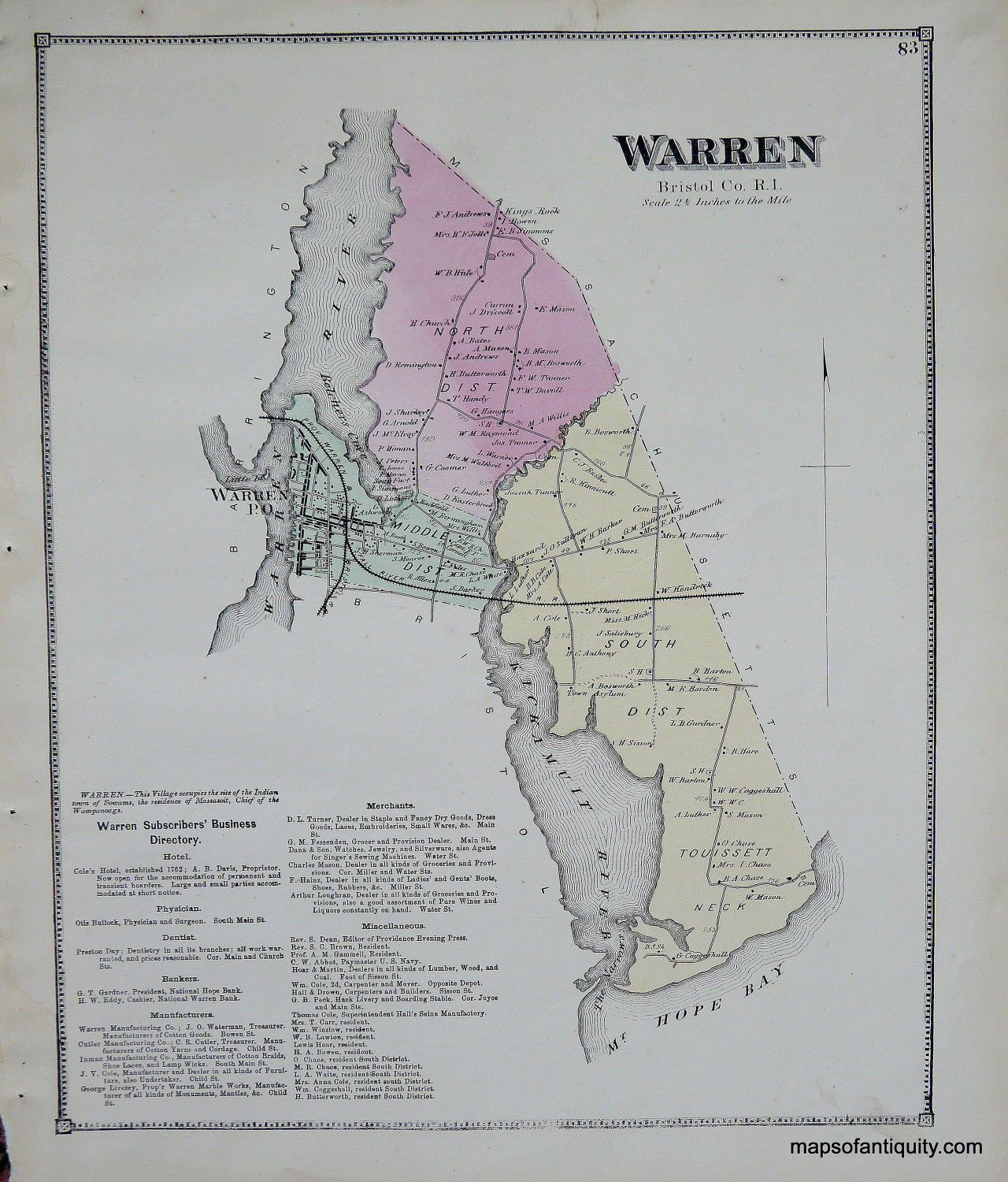 Antique-Hand-Colored-Map-Warren-Rhode-Island--Rhode-Island--1870-Beers-Maps-Of-Antiquity
