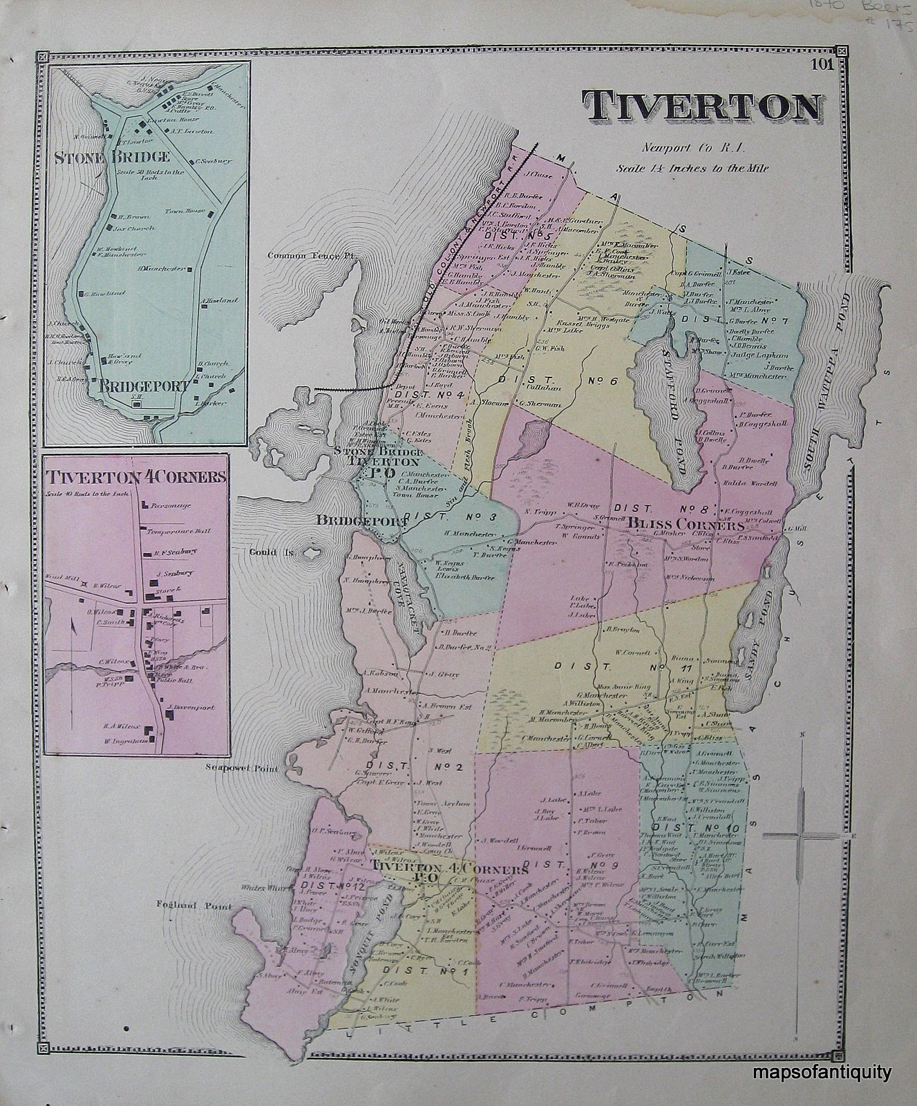 Antique-Hand-Colored-Map-Tiverton-Rhode-Island-Map-Rhode-Island--1870-Beers-Maps-Of-Antiquity